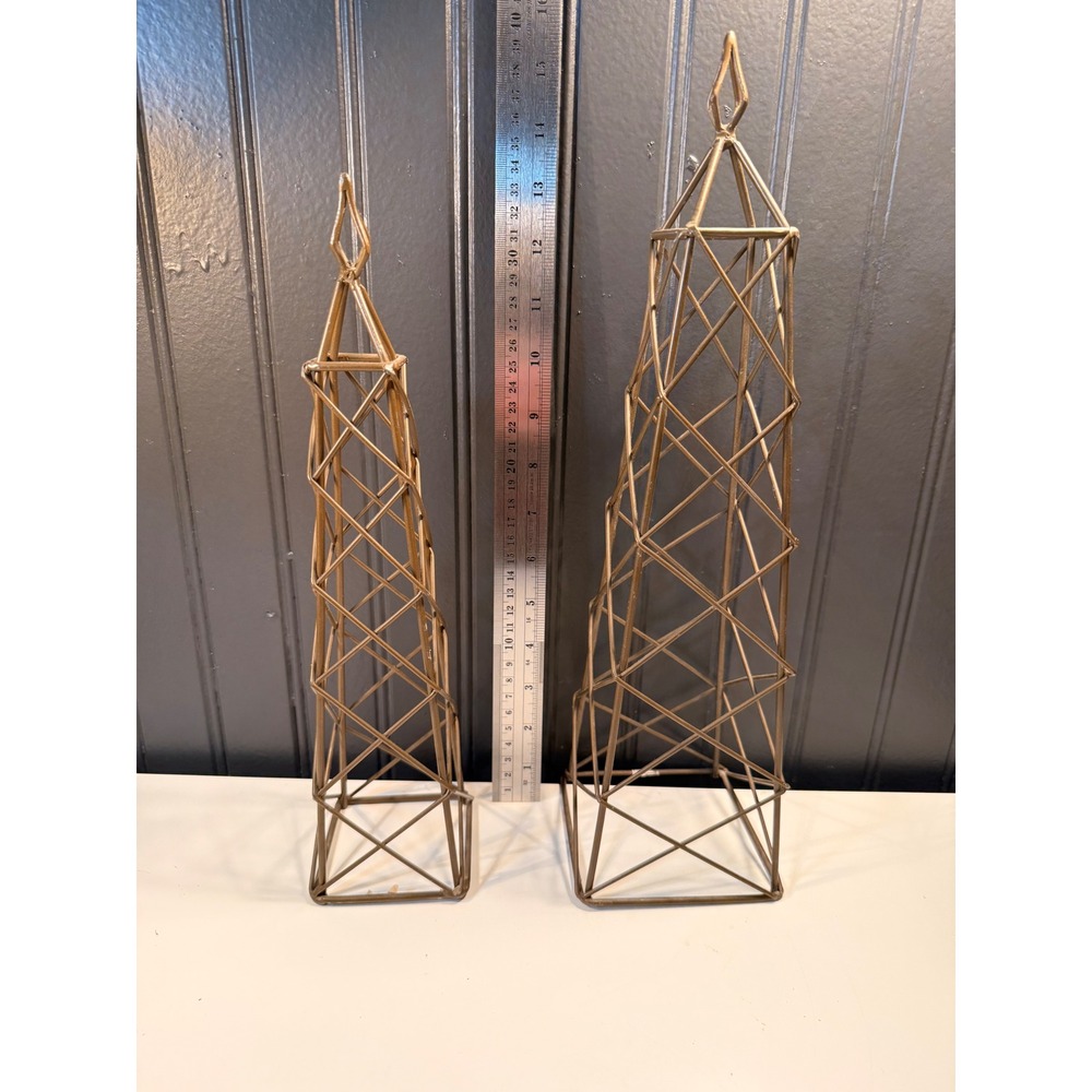 2 Gold Wire Metal Obelisk Tower Sculptures Geometric Home Decor Set 15" & 13"